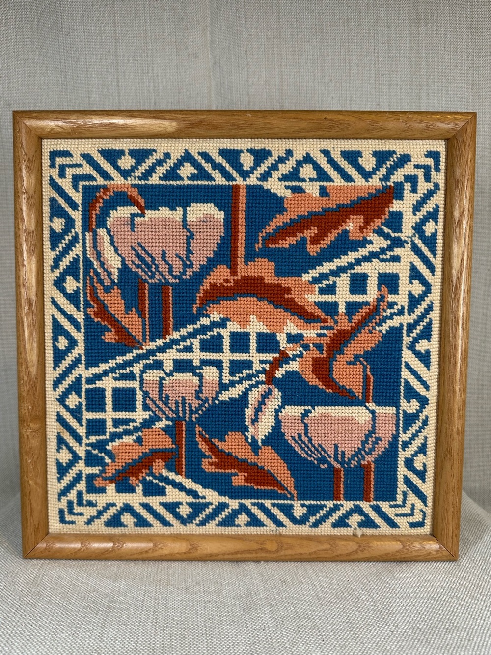 Vintage Framed Needlepoint Art – Stylized Art Deco Geometric Floral